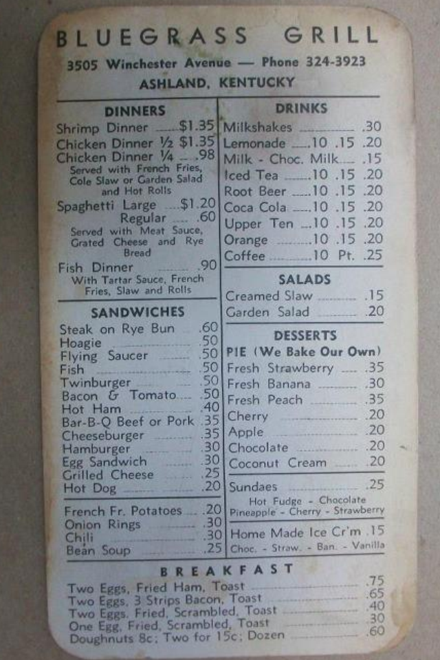 MENU CARD FROM THE BLUEGRASS GRILL
1959