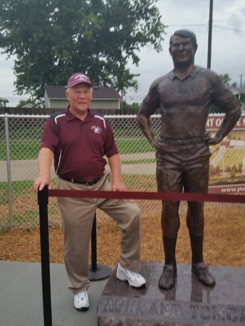 Herb Conley and the statue at Putnam Stadium in his honor. We are proud of our classmate!